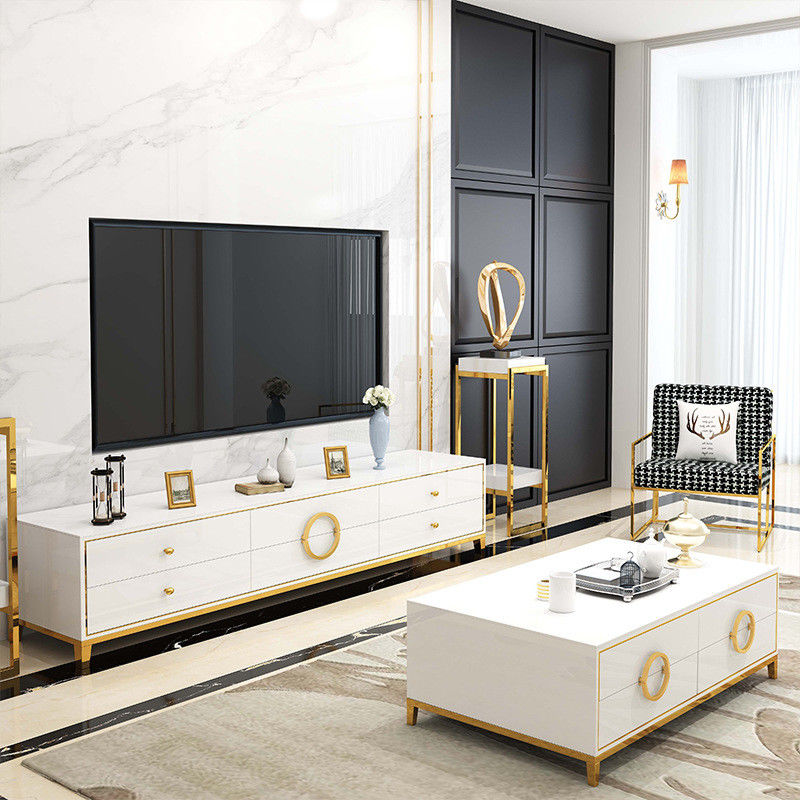 Stand TV Stainless Steel Dan Meja Kopi Set Furnitur Ruang Tamu Mewah