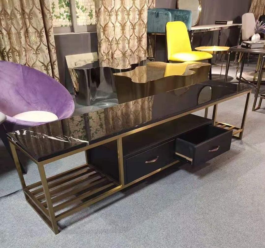 Rak TV Atas Marmer Emas Mewah, Bingkai Stainless Steel Bangku Panjang