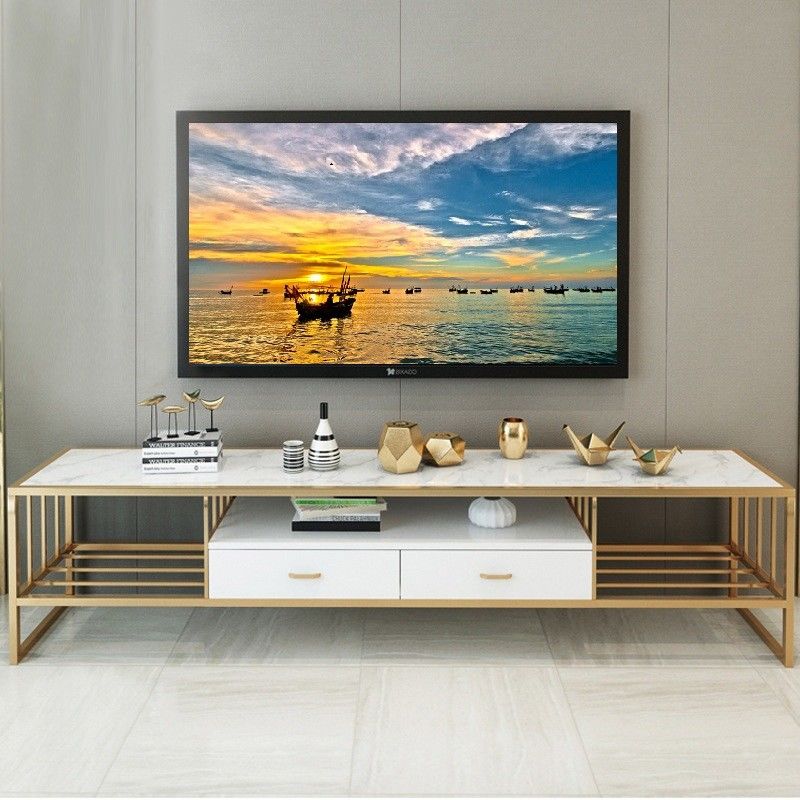 Rak TV Atas Marmer Emas Mewah, Bingkai Stainless Steel Bangku Panjang