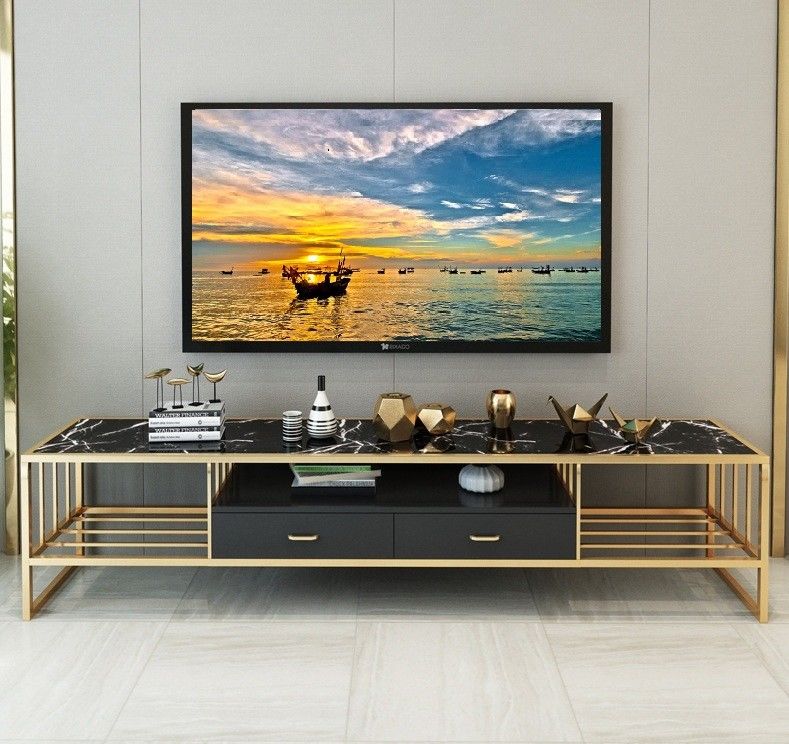 Rak TV Atas Marmer Emas Mewah, Bingkai Stainless Steel Bangku Panjang