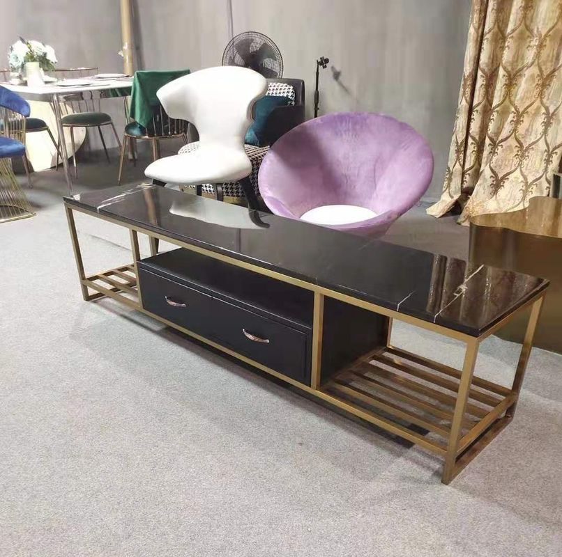 Rak TV Atas Marmer Emas Mewah, Bingkai Stainless Steel Bangku Panjang