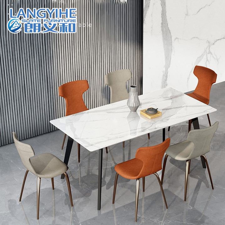Meja Makan Marmer Persegi Panjang Rock Slab Minimalis Nordic