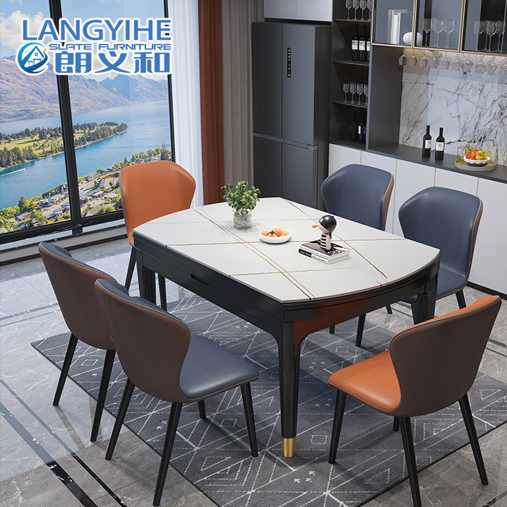 Rock Slab Dining Meja Marmer Lipat yang Dapat Ditarik Persegi Panjang
