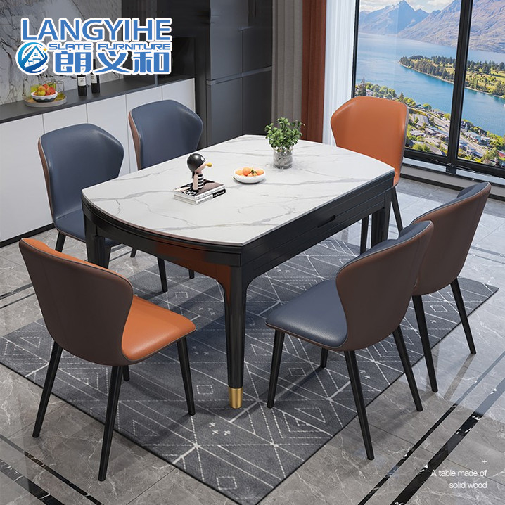 Rock Slab Dining Meja Marmer Lipat yang Dapat Ditarik Persegi Panjang
